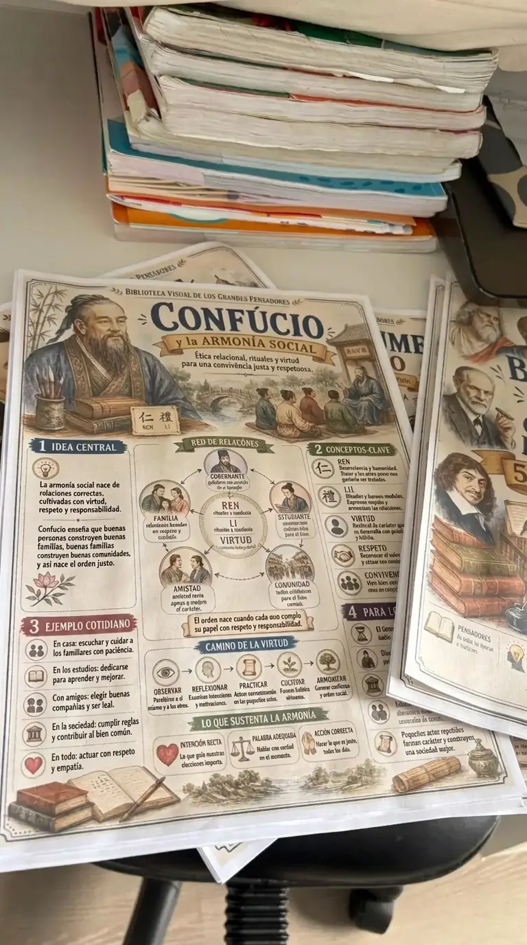 Resúmenes visuales impresos sobre la mesa de estudios